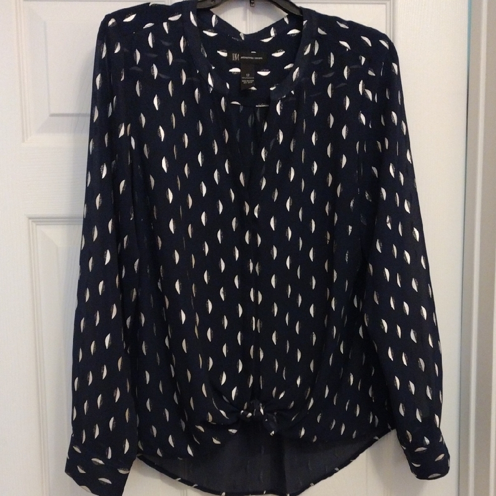 INC Navy Blue And Silver Long Sleeve V-neck Blouse